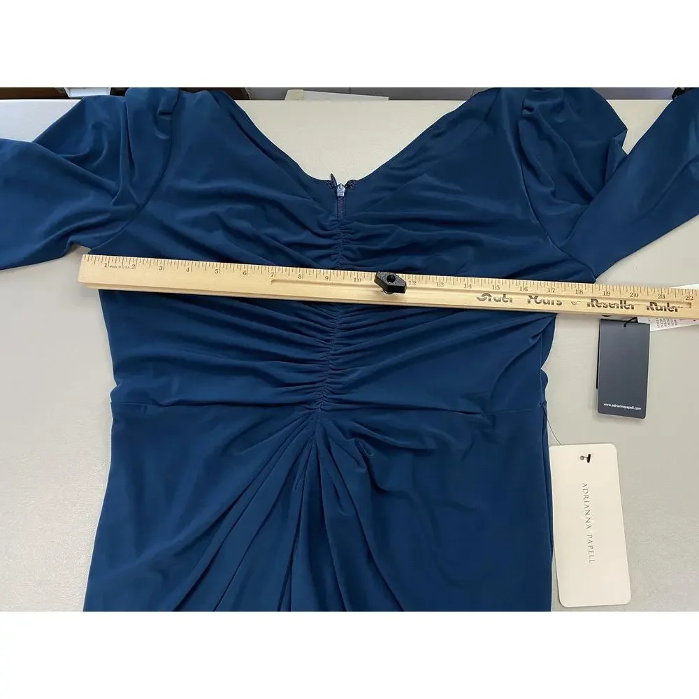 Adrianna Papell Dress Womens 12 Blue Ruched Puff Sleeve Hi Low Semi Formal Gown - Picture 7 of 13